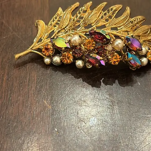 Elegant Vintage Gold Leaf Brooch with Multicolor Accents