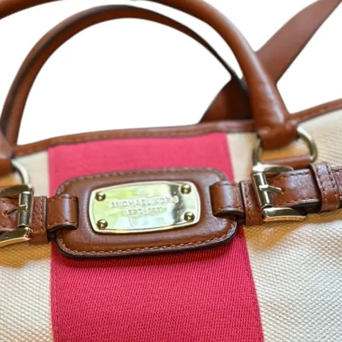 Michael Kors Hamilton Stripe Satchel Bag Ivory Red Brown Leather Trim