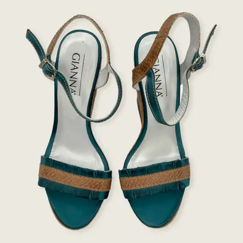 Gianna Vegan Teal Blue Brown Cork Ruffle 1" Platform 5" Cork Wedge Sandal 8.5 9