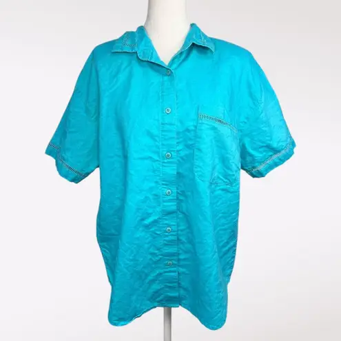 Vintage 90s Blue Button Up Shirt Eyelet Trim Boxy Fit Top Small
