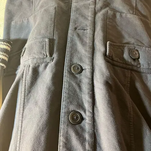 prAna Grey Coat with Striped Collar, stripe details at collar and cuffs, longer