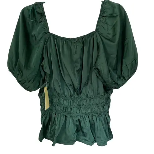 Flower & Feather Dark Green Silk Puff Sleeve Peplum Blouse Size Large