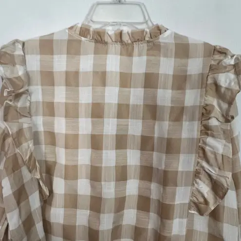 Women's Gingham Print Ruffle Long Sleeve Top Size Large Brown