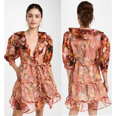 NWT Celia B Sinai Silk Blend Floral Puff Sleeve Mini Dress Orange Women's Size M Size M