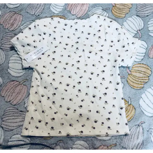 NWT Kirious Floral Off White Short Sleeve Crop Top Size Small Y2K 100% Cotton