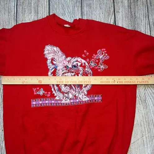 VTG 80s Grandma Cat Sweater Womens XL GraphicnArt Sweatshirt Cottagecore Red 90s