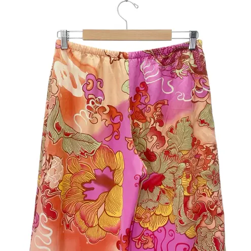 Natori Asian Dragon Floral Pajama Set Peach Pink Lime Gold Print Size Medium Orange