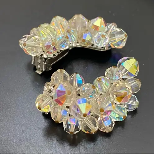 Vintage 50’s LAGUNA Faceted AB Crystal Aurora Borealis Crawler Clip On Earrings White