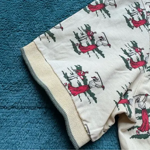 Vintage Tail Novelty Print Golf Polo Shirt Women XL Butter Yellow Preppy Resort Red