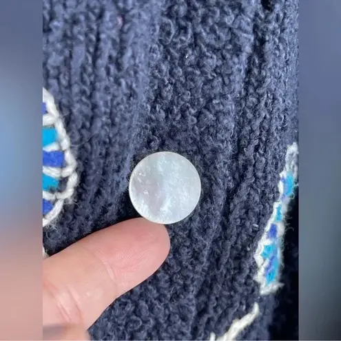 Laura Ashley Navy Blue Cardigan Sweater White Blue Embroidered Flowers Pockets L