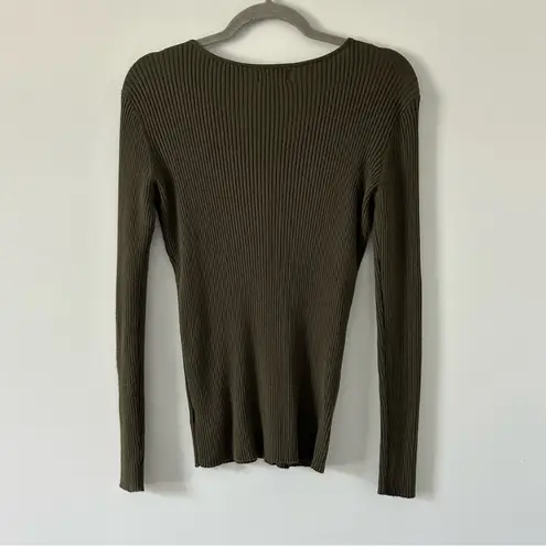 Per Se Olive Green Ribbed Knit Zip Front Fitted Long Sleeve Sweater NWOT L