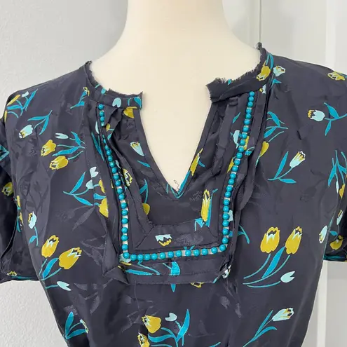 Rebecca Taylor Size 4 Blue, Yellow Silk Tulip Print Beaded Dress with Pockets