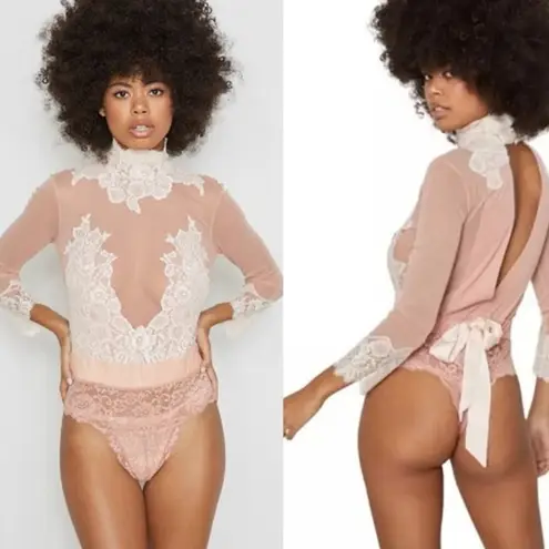 We Are HAH Take Hah Bow Reversible Lacey Bodysuit Cream Pink Women's Size S NWT