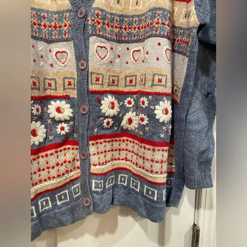 VTG Koret City Blues Size 2X Blue 90s Fair Isle Daisy Knit Cardigan Sweater