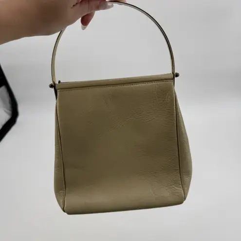 Vintage Beige Leather Top Handle Bag Metal Handbag Classic