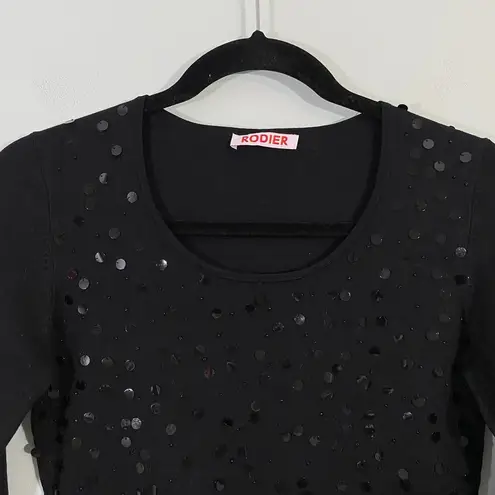 Rodier Women's Black Sequins Disc Quarter Sleeve Blouse