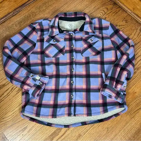 SAGE Collective Purple Plaid Sherpa Shacket Button Front Size L Size L