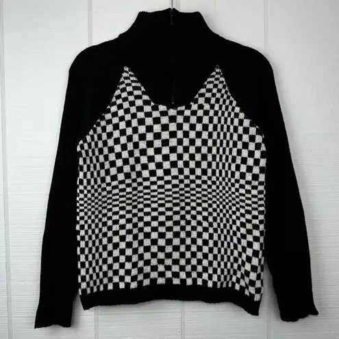 I’vory Black White Checkered Handknit Sweater Quarter Zip Turtleneck Wool Blend Size M