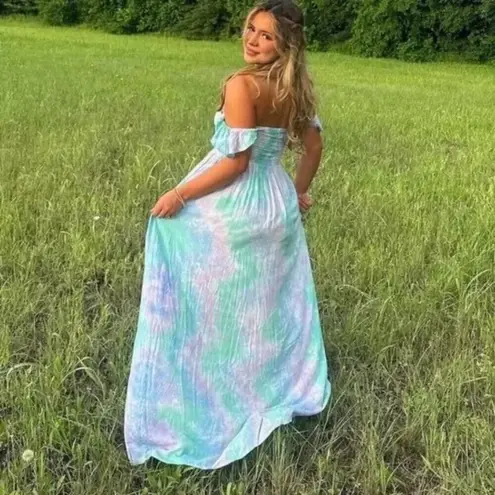 Tiare Hawaii Hollie Smocked Blue Violet Green Smoke Maxi Dress One Size