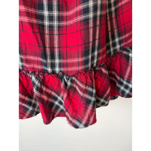 Red Plaid Off Shoulder Top Ruffle Hem Flared Bell Sleeve Blouse Medium M Holiday