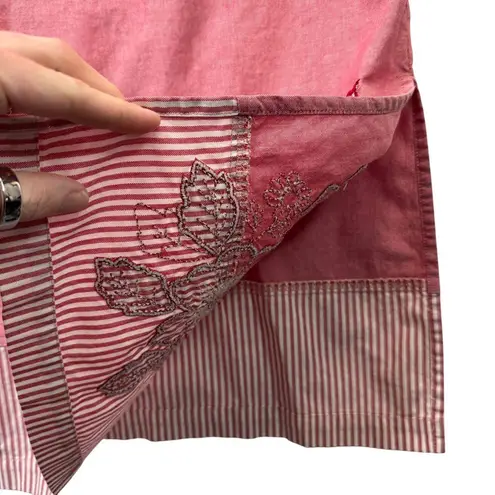 Vtg Bechamel Red Cotton Maxi Dress Floral Embroidered Striped Hem Summer 90s L Pink Size L