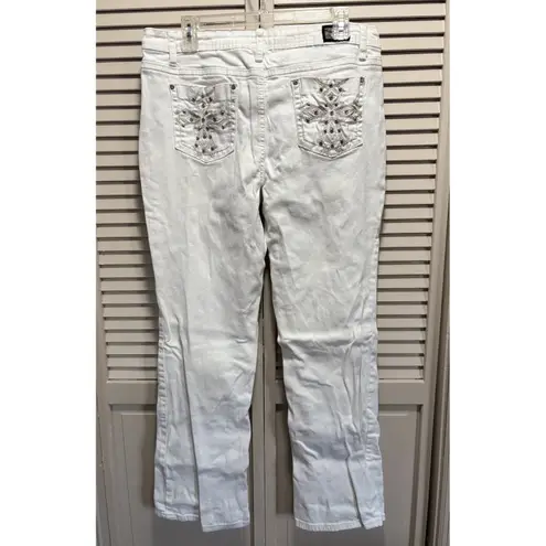 Earl Jean White Embroidered Rhinestones Denim Jeans Size 14 Straight Logo