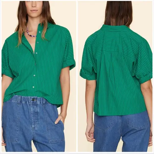 Xirena Teddy Short Sleeve Button Down Cropped Shirt in Pine Blue Green