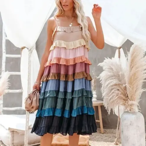 Storia  tiered ruffles maxi midi dress muted rainbow flowy pregnancy summer