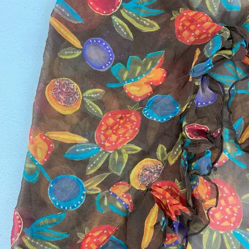 Gottex Vintage women's brown tropical fruit ruffle sheer silk coverup skirt swim