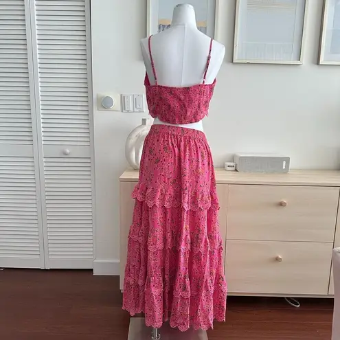 Caroline Constas Skirt Womens Large Floral Lace Tiered Crop Top Matching Co Ord Pink