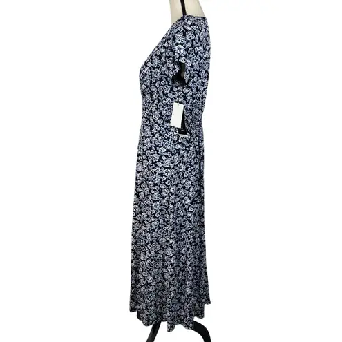 Perceptions NY SZ 8 A-Line Midi Dress Floral Cap Sleeve Empire Waist V-Neck Blue