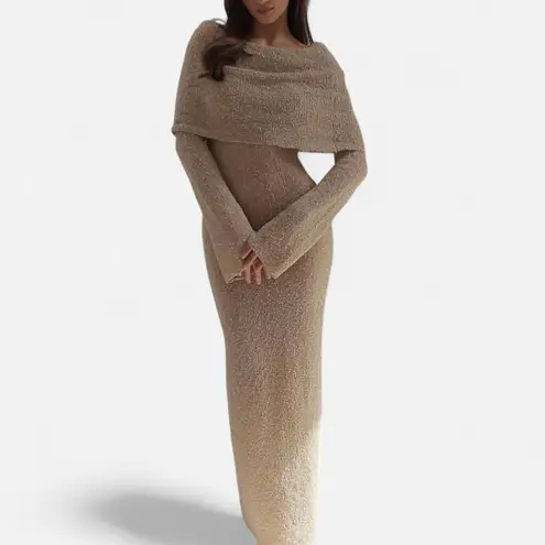 Meshki Marisol Wheat Bouclé Maxi Dress – Off-Shoulder Coquette Minimalist (XXS)