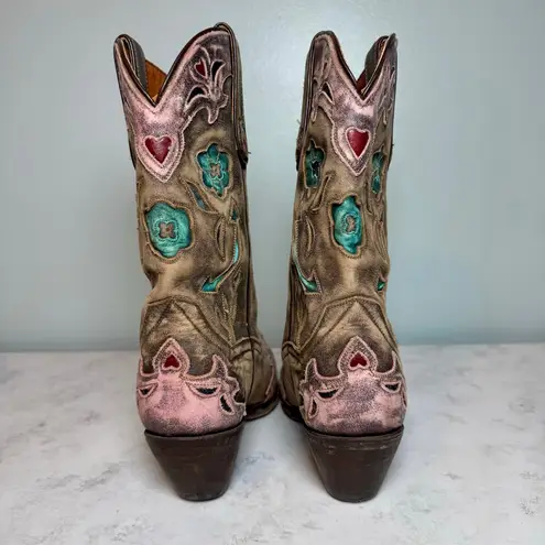 Dan Post Arrow Boots 8.5 Brown Pink Teal Flowers Heart Cutouts