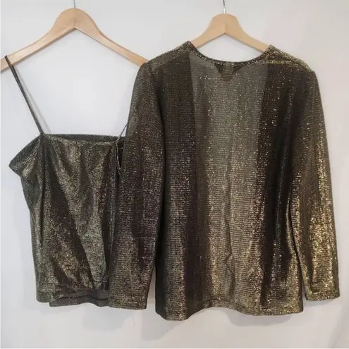 Vintage Gold Metallic Disco 2 Piece Set Spaghetti Strap Camisole Top & Jacket M Size M