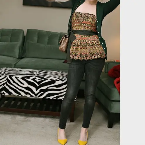 Anthropologie Floreat Tiered Eyelet Peplum Corset Top Women's Size 0 Brown