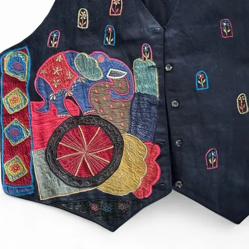 Boho Elephant Embroidered Vest | Vintage Kāra•vān | Folk Art India | Size M Black Size M