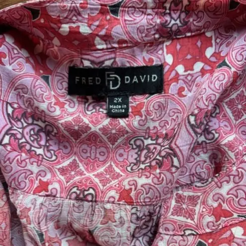 Fred David Tunic Pink 2X Floral Ethnic Roll Tab Sleeve V Neck Feminine Casual