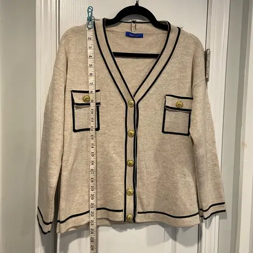 Harvest Size L Oatmeal Long Sleeve V Neck Gold Button Front Cardigan Black Trim Size L
