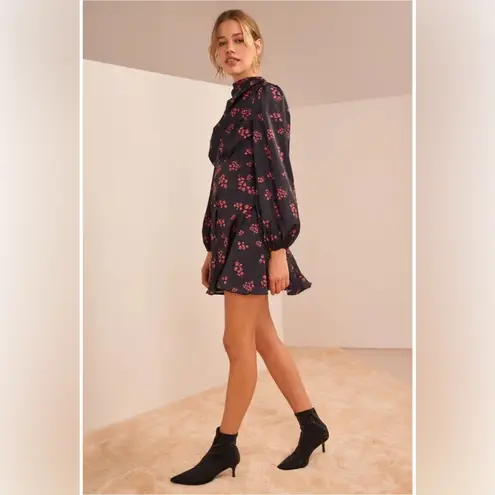 Keepsake Infinity Long Sleeve Satin Mini Dress Black with Pomegranate Ditsy Size Size XS