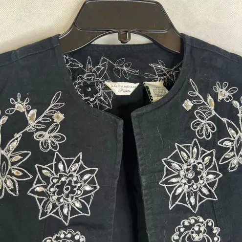 Laura Ashley Black Embellished Jeweled Embroidered Open Front Jacket Sz PM