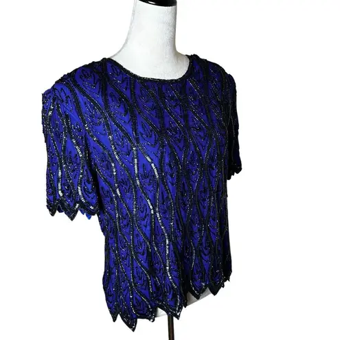 Vintage Sténay 100% Silk Beaded Sequin Top | Size L | Art Deco 80s Party Glam Blue Size L