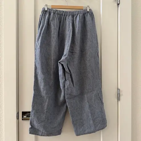Flax linen cropped wide pants women’s navy white mini gingham size M
