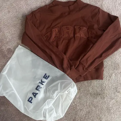 PARKE Ribbed Varsity Pullover Mockneck Sweatshirt in Mocha S/M