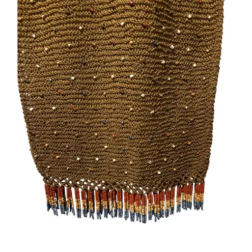 Vicky Moreinis Brown Knit Beaded Swimwear Cover up Dress Beaded Fringe Stretch