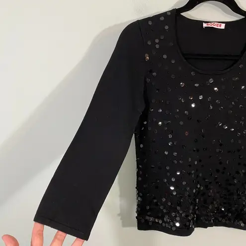 Rodier Women's Black Sequins Disc Quarter Sleeve Blouse