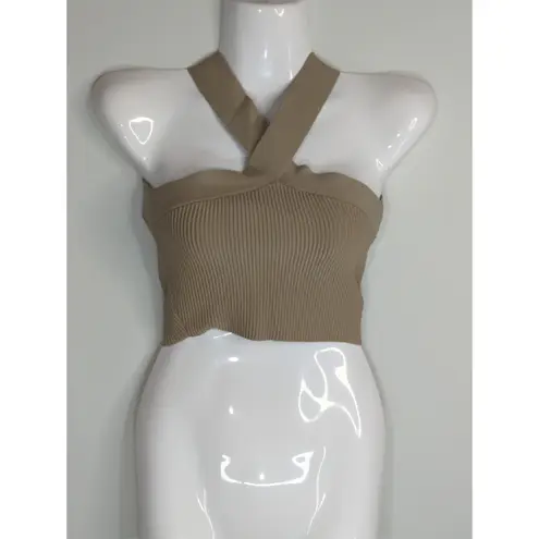 Babaton Saville Tan Sculpt Knit Criss Cross Cropped Tank Womens XS Halter Top