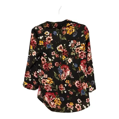 BCX Black Floral Button Down Blouse M 3/4 Sleeve Boho Romantic Top