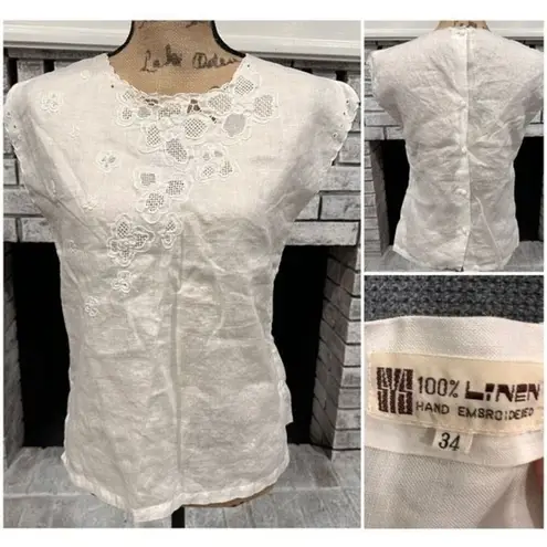 Vintage SYS Hand Embroidered 100% Linen Floral Back Button Top White Size 34 XS White