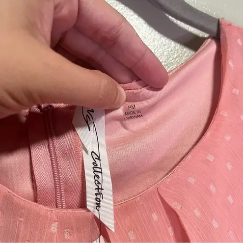 Ny Collection NWT Pink Swiss Dot Short Sleeve PM Midi Dress Pleated Neck Modest