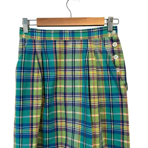 Varsity Vintage Preppy  School Girl Green And Blue Plaid Pleated Front Midi Skirt